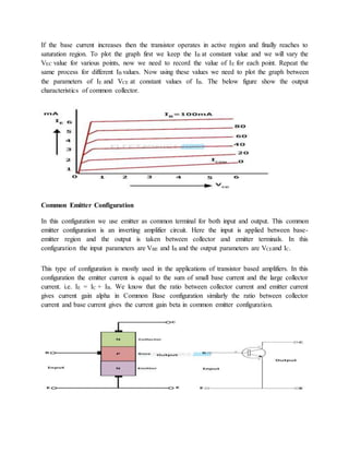 If the base current increases then the transistor operates in active region and finally reaches to
saturation region. To plot the graph first we keep the IB at constant value and we will vary the
VEC value for various points, now we need to record the value of IE for each point. Repeat the
same process for different IB values. Now using these values we need to plot the graph between
the parameters of IE and VCE at constant values of IB. The below figure show the output
characteristics of common collector.
Common Emitter Configuration
In this configuration we use emitter as common terminal for both input and output. This common
emitter configuration is an inverting amplifier circuit. Here the input is applied between base-
emitter region and the output is taken between collector and emitter terminals. In this
configuration the input parameters are VBE and IB and the output parameters are VCEand IC.
This type of configuration is mostly used in the applications of transistor based amplifiers. In this
configuration the emitter current is equal to the sum of small base current and the large collector
current. i.e. IE = IC + IB. We know that the ratio between collector current and emitter current
gives current gain alpha in Common Base configuration similarly the ratio between collector
current and base current gives the current gain beta in common emitter configuration.
 