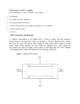 Disadvantages of Class C Amplifier
The disadvantages of Class C Amplifier are as follows: –
 Poor linearity.
 Not suitable for audio applications.
 Lot of noise and RF interference.
 To obtain ideal inductors and coupling transformers it is very difficult.
 Not good dynamic range.
Lecture 6:
JFET Construction and Operation
A schematic representation of an n channel JFET is shown in Figure. An n-type channel is
formed between two p-type layers which are connected to the gate. Majority carrier electrons
flow from the source and exit the drain, forming the drain current. The pn junction is reverse
biased during normal operation, and this widens the depletion layers which extend into
the n channel only (since the doping of the p regions is much larger than that of the n channel).
As the depletion layers widen, the channel narrows, restricting current flow.
Figure: n-channel JFET structure.
 