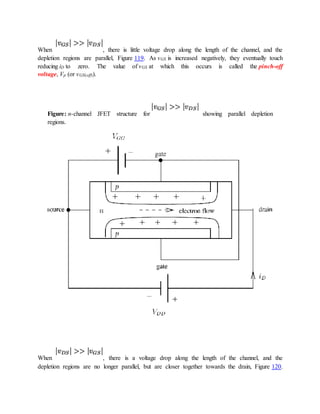 When , there is little voltage drop along the length of the channel, and the
depletion regions are parallel, Figure 119. As vGS is increased negatively, they eventually touch
reducing iD to zero. The value of vGS at which this occurs is called the pinch-off
voltage, Vp (or vGS(off)).
Figure: n-channel JFET structure for showing parallel depletion
regions.
When , there is a voltage drop along the length of the channel, and the
depletion regions are no longer parallel, but are closer together towards the drain, Figure 120.
 
