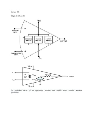 Lecture 10:
Stages in OPAMP:
An equivalent circuit of an operational amplifier that models some resistive non-ideal
parameters.
 