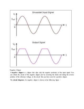 Negative Clipper
A negative clipper is a clipper that clips only the negative portion(s) of the input signal. You
can obtain the circuit of the negative clipper just by reversing the diode and taking the reverse
polarity of the reference voltage, in the circuit that you have seen for a positive clipper.
The circuit diagram of a negative clipper is shown in the following figure −
 