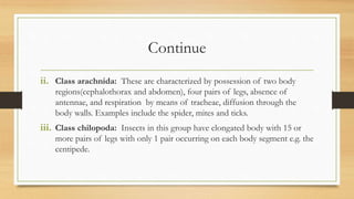 Continue
ii. Class arachnida: These are characterized by possession of two body
regions(cephalothorax and abdomen), four pairs of legs, absence of
antennae, and respiration by means of tracheae, diffusion through the
body walls. Examples include the spider, mites and ticks.
iii. Class chilopoda: Insects in this group have elongated body with 15 or
more pairs of legs with only 1 pair occurring on each body segment e.g. the
centipede.
 