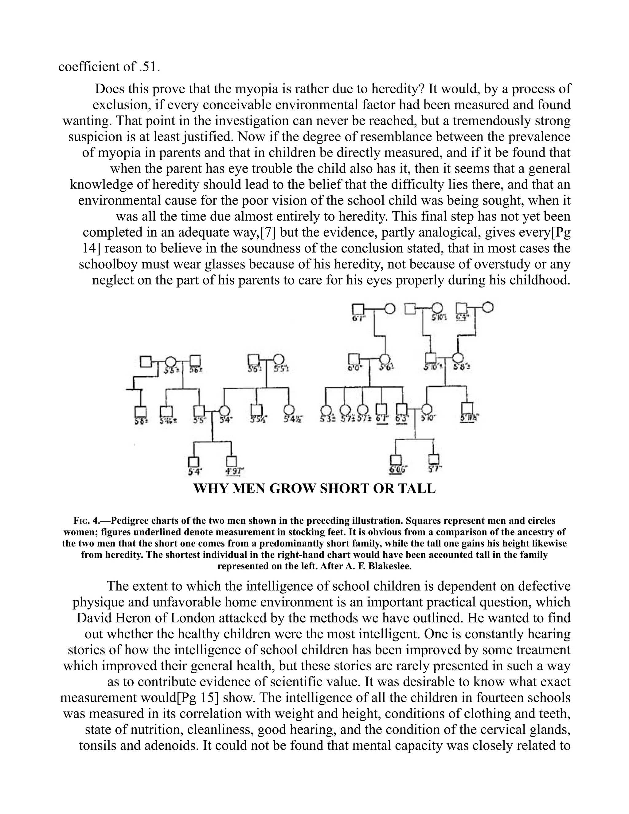 coefficient of .51.
Does this prove that the myopia is rather due to heredity? It would, by a process of
exclusion, if every conceivable environmental factor had been measured and found
wanting. That point in the investigation can never be reached, but a tremendously strong
suspicion is at least justified. Now if the degree of resemblance between the prevalence
of myopia in parents and that in children be directly measured, and if it be found that
when the parent has eye trouble the child also has it, then it seems that a general
knowledge of heredity should lead to the belief that the difficulty lies there, and that an
environmental cause for the poor vision of the school child was being sought, when it
was all the time due almost entirely to heredity. This final step has not yet been
completed in an adequate way,[7] but the evidence, partly analogical, gives every[Pg
14] reason to believe in the soundness of the conclusion stated, that in most cases the
schoolboy must wear glasses because of his heredity, not because of overstudy or any
neglect on the part of his parents to care for his eyes properly during his childhood.
WHY MEN GROW SHORT OR TALL
FIG. 4.—Pedigree charts of the two men shown in the preceding illustration. Squares represent men and circles
women; figures underlined denote measurement in stocking feet. It is obvious from a comparison of the ancestry of
the two men that the short one comes from a predominantly short family, while the tall one gains his height likewise
from heredity. The shortest individual in the right-hand chart would have been accounted tall in the family
represented on the left. After A. F. Blakeslee.
The extent to which the intelligence of school children is dependent on defective
physique and unfavorable home environment is an important practical question, which
David Heron of London attacked by the methods we have outlined. He wanted to find
out whether the healthy children were the most intelligent. One is constantly hearing
stories of how the intelligence of school children has been improved by some treatment
which improved their general health, but these stories are rarely presented in such a way
as to contribute evidence of scientific value. It was desirable to know what exact
measurement would[Pg 15] show. The intelligence of all the children in fourteen schools
was measured in its correlation with weight and height, conditions of clothing and teeth,
state of nutrition, cleanliness, good hearing, and the condition of the cervical glands,
tonsils and adenoids. It could not be found that mental capacity was closely related to
 