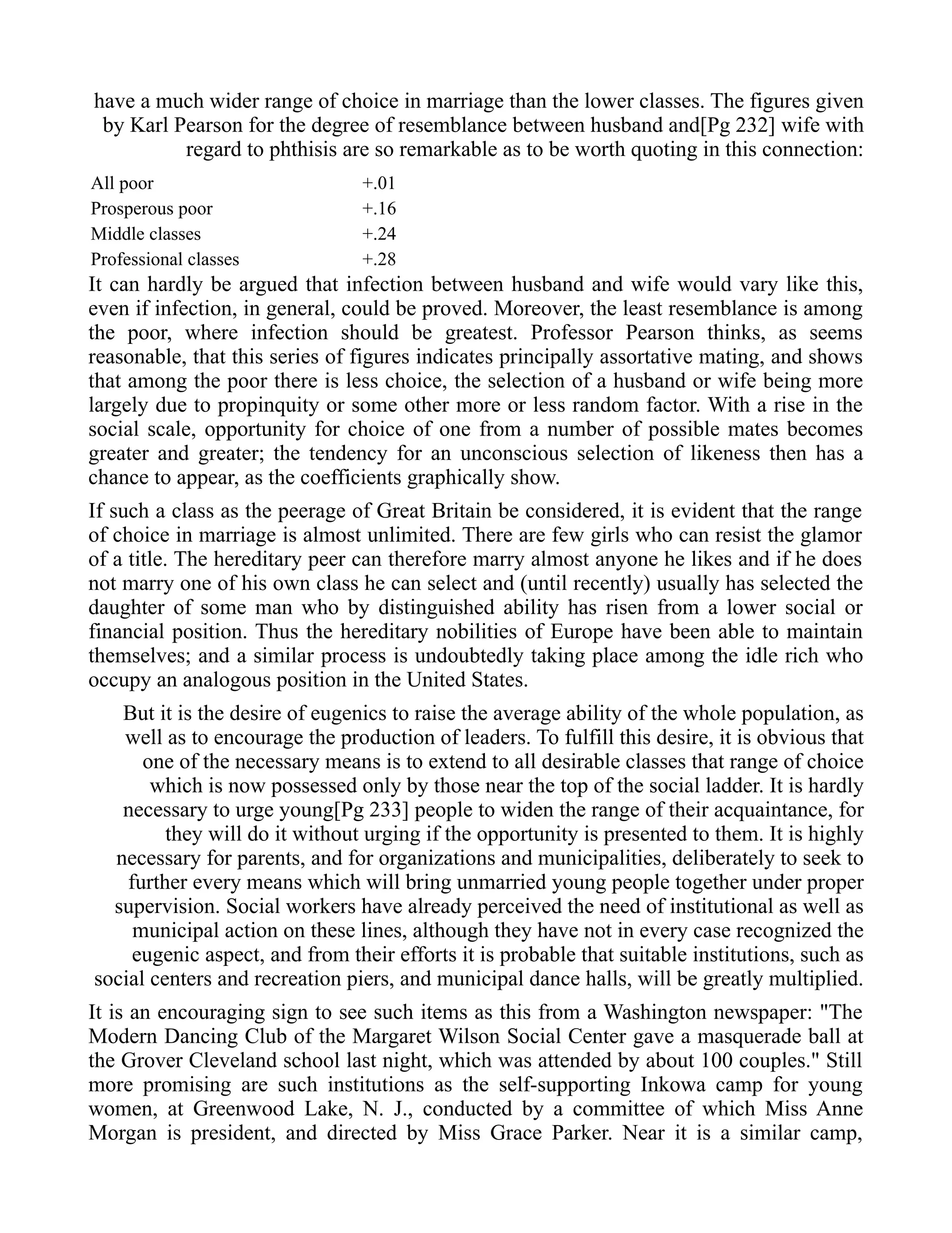 have a much wider range of choice in marriage than the lower classes. The figures given
by Karl Pearson for the degree of resemblance between husband and[Pg 232] wife with
regard to phthisis are so remarkable as to be worth quoting in this connection:
All poor +.01
Prosperous poor +.16
Middle classes +.24
Professional classes +.28
It can hardly be argued that infection between husband and wife would vary like this,
even if infection, in general, could be proved. Moreover, the least resemblance is among
the poor, where infection should be greatest. Professor Pearson thinks, as seems
reasonable, that this series of figures indicates principally assortative mating, and shows
that among the poor there is less choice, the selection of a husband or wife being more
largely due to propinquity or some other more or less random factor. With a rise in the
social scale, opportunity for choice of one from a number of possible mates becomes
greater and greater; the tendency for an unconscious selection of likeness then has a
chance to appear, as the coefficients graphically show.
If such a class as the peerage of Great Britain be considered, it is evident that the range
of choice in marriage is almost unlimited. There are few girls who can resist the glamor
of a title. The hereditary peer can therefore marry almost anyone he likes and if he does
not marry one of his own class he can select and (until recently) usually has selected the
daughter of some man who by distinguished ability has risen from a lower social or
financial position. Thus the hereditary nobilities of Europe have been able to maintain
themselves; and a similar process is undoubtedly taking place among the idle rich who
occupy an analogous position in the United States.
But it is the desire of eugenics to raise the average ability of the whole population, as
well as to encourage the production of leaders. To fulfill this desire, it is obvious that
one of the necessary means is to extend to all desirable classes that range of choice
which is now possessed only by those near the top of the social ladder. It is hardly
necessary to urge young[Pg 233] people to widen the range of their acquaintance, for
they will do it without urging if the opportunity is presented to them. It is highly
necessary for parents, and for organizations and municipalities, deliberately to seek to
further every means which will bring unmarried young people together under proper
supervision. Social workers have already perceived the need of institutional as well as
municipal action on these lines, although they have not in every case recognized the
eugenic aspect, and from their efforts it is probable that suitable institutions, such as
social centers and recreation piers, and municipal dance halls, will be greatly multiplied.
It is an encouraging sign to see such items as this from a Washington newspaper: "The
Modern Dancing Club of the Margaret Wilson Social Center gave a masquerade ball at
the Grover Cleveland school last night, which was attended by about 100 couples." Still
more promising are such institutions as the self-supporting Inkowa camp for young
women, at Greenwood Lake, N. J., conducted by a committee of which Miss Anne
Morgan is president, and directed by Miss Grace Parker. Near it is a similar camp,
 