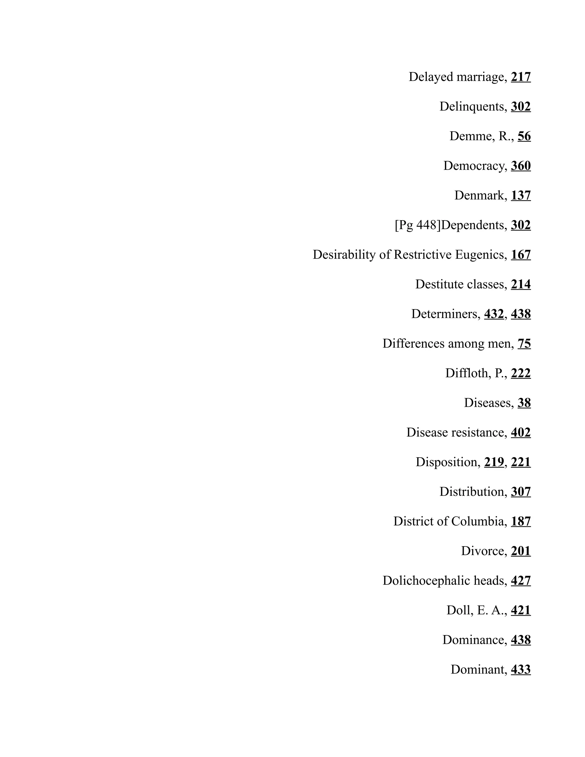 Delayed marriage, 217
Delinquents, 302
Demme, R., 56
Democracy, 360
Denmark, 137
[Pg 448]Dependents, 302
Desirability of Restrictive Eugenics, 167
Destitute classes, 214
Determiners, 432, 438
Differences among men, 75
Diffloth, P., 222
Diseases, 38
Disease resistance, 402
Disposition, 219, 221
Distribution, 307
District of Columbia, 187
Divorce, 201
Dolichocephalic heads, 427
Doll, E. A., 421
Dominance, 438
Dominant, 433
 