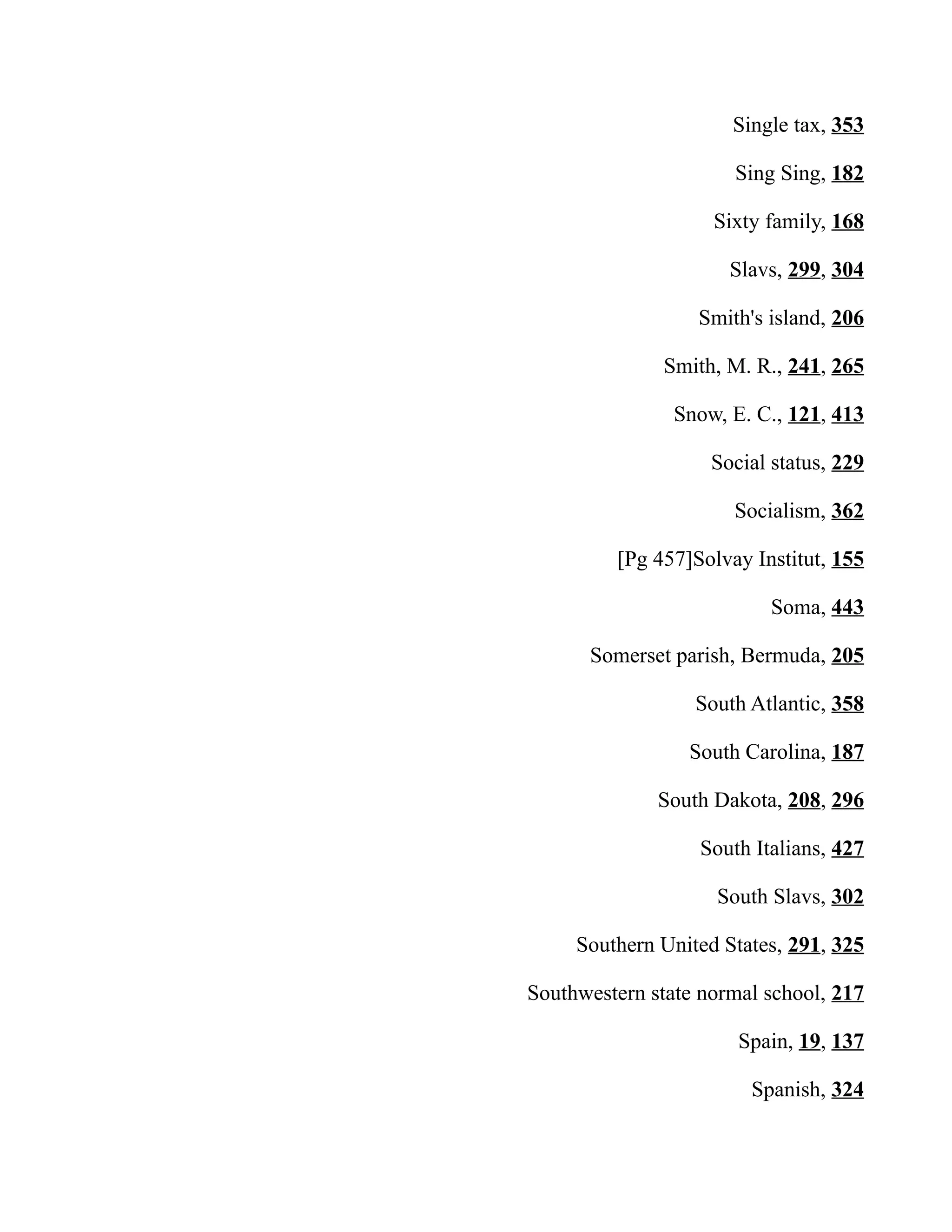 Single tax, 353
Sing Sing, 182
Sixty family, 168
Slavs, 299, 304
Smith's island, 206
Smith, M. R., 241, 265
Snow, E. C., 121, 413
Social status, 229
Socialism, 362
[Pg 457]Solvay Institut, 155
Soma, 443
Somerset parish, Bermuda, 205
South Atlantic, 358
South Carolina, 187
South Dakota, 208, 296
South Italians, 427
South Slavs, 302
Southern United States, 291, 325
Southwestern state normal school, 217
Spain, 19, 137
Spanish, 324
 