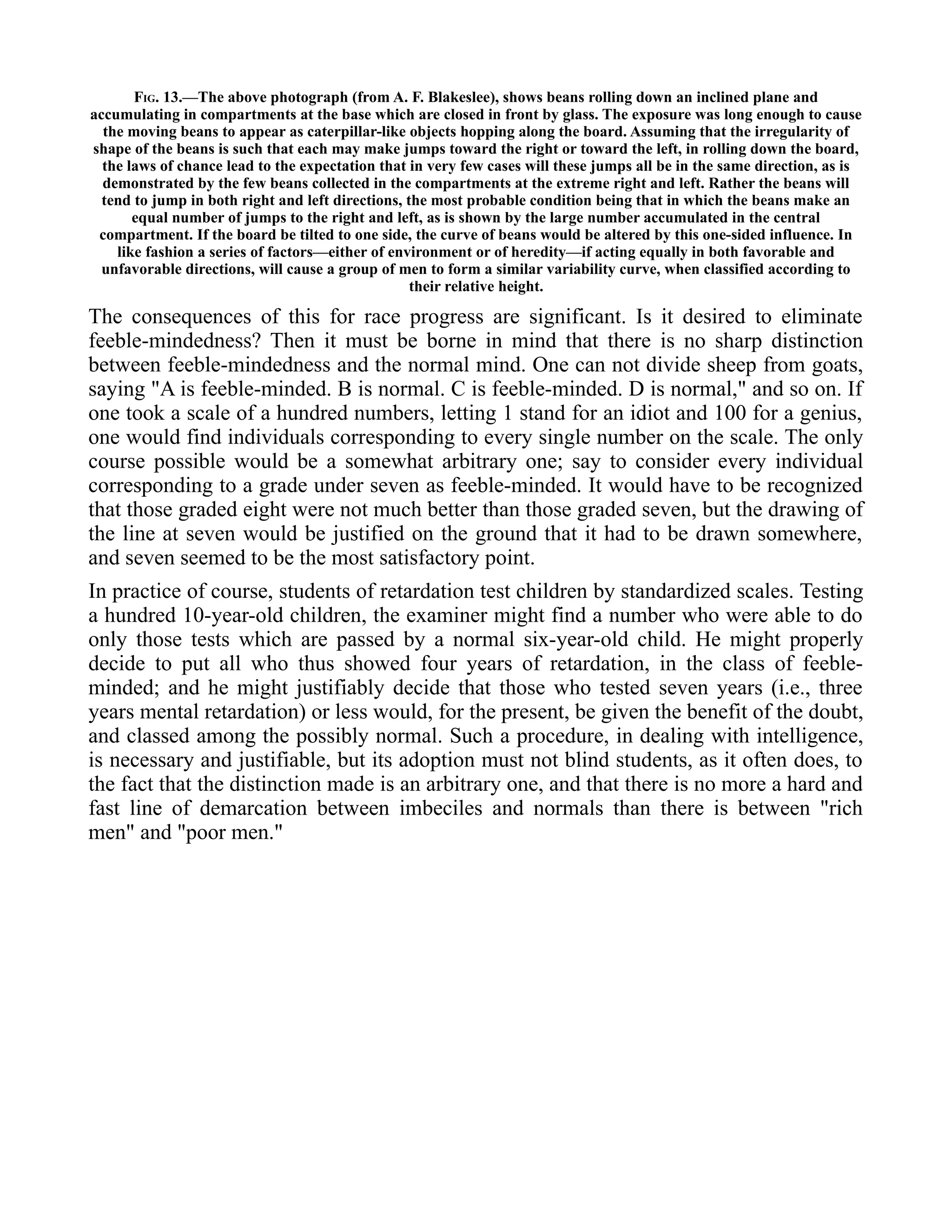 FIG. 13.—The above photograph (from A. F. Blakeslee), shows beans rolling down an inclined plane and
accumulating in compartments at the base which are closed in front by glass. The exposure was long enough to cause
the moving beans to appear as caterpillar-like objects hopping along the board. Assuming that the irregularity of
shape of the beans is such that each may make jumps toward the right or toward the left, in rolling down the board,
the laws of chance lead to the expectation that in very few cases will these jumps all be in the same direction, as is
demonstrated by the few beans collected in the compartments at the extreme right and left. Rather the beans will
tend to jump in both right and left directions, the most probable condition being that in which the beans make an
equal number of jumps to the right and left, as is shown by the large number accumulated in the central
compartment. If the board be tilted to one side, the curve of beans would be altered by this one-sided influence. In
like fashion a series of factors—either of environment or of heredity—if acting equally in both favorable and
unfavorable directions, will cause a group of men to form a similar variability curve, when classified according to
their relative height.
The consequences of this for race progress are significant. Is it desired to eliminate
feeble-mindedness? Then it must be borne in mind that there is no sharp distinction
between feeble-mindedness and the normal mind. One can not divide sheep from goats,
saying "A is feeble-minded. B is normal. C is feeble-minded. D is normal," and so on. If
one took a scale of a hundred numbers, letting 1 stand for an idiot and 100 for a genius,
one would find individuals corresponding to every single number on the scale. The only
course possible would be a somewhat arbitrary one; say to consider every individual
corresponding to a grade under seven as feeble-minded. It would have to be recognized
that those graded eight were not much better than those graded seven, but the drawing of
the line at seven would be justified on the ground that it had to be drawn somewhere,
and seven seemed to be the most satisfactory point.
In practice of course, students of retardation test children by standardized scales. Testing
a hundred 10-year-old children, the examiner might find a number who were able to do
only those tests which are passed by a normal six-year-old child. He might properly
decide to put all who thus showed four years of retardation, in the class of feeble-
minded; and he might justifiably decide that those who tested seven years (i.e., three
years mental retardation) or less would, for the present, be given the benefit of the doubt,
and classed among the possibly normal. Such a procedure, in dealing with intelligence,
is necessary and justifiable, but its adoption must not blind students, as it often does, to
the fact that the distinction made is an arbitrary one, and that there is no more a hard and
fast line of demarcation between imbeciles and normals than there is between "rich
men" and "poor men."
 
