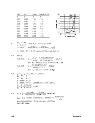118 Chapter 9
y(in) y/ro U(ft/s) U (Prob. 9.17)
0 0 0 0
0.05 0.025 7.33 5.83
0.10 0.050 8.21 7.19
0.15 0.075 8.72 7.98
0.20 0.099 9.09 8.55
0.50 0.248 10.25 10.35
1.00 0.497 11.13 11.71
1.50 0.745 11.65 12.51
2.013 1.000 12.02 13.09
9.17 3
0.3355
5.0 10
D
ε −
=
×
= 67.1; NR = 2.42 × 105
; f = 0.0436
U = 10.08 ( )101 1.43 0.0436 2.15 0.0436 log / oy r⎡ ⎤+ +⎣ ⎦
U = 10.08 ( )101.299 0.449 log / oy r⎡ + ⎤⎣ ⎦ (See results for 9.16)
9.18 Δp = γhL
Prob. 9.16: hL =
2 2
(0.0182)(250)(10.08)
2 (0.3355)(2)(32.2)
L
f
D g
υ
= = 21.39 ft
Δp = (62.4 lb/ft3
)(21.39 ft)(1 ft2
/144 in2
) = 9.27 psi
Prob. 9.17: hL =
2
(0.0436)(250)(10.08)
(0.3355)(2)(32.2)
= 51.24 ft
Δp = γhL = (62.4)(51.24)/144 = 22.2 psi
9.19 Qs = Asυs; Qt = Atυt; But υs = υt specified
s s s s
t t t t
Q A A
Q A A
υ
υ
= =
At = 8.189 × 10−5
m2
As = 3.059 × 10−4
m2
− π(0.0127m)2
/4 = 1.792 × 10−4
m2
4
s s
5
t t
1.792 10
=
8.189 10
Q A
Q A
−
−
×
=
×
= 2.19
9.20 υpipe =
3
2 2
450 L/min 1 m /s
1.864 10 m 60000 L/min
Q
A −
= ×
×
= 0.402 m/s
Qduct = ADυD = (0.0355 m2
)(0.402 m/s) = 0.0143 m3
/s × 3
60000 L/min
1 m /s
AD = (0.40 m)(0.20 m) − 2(π)(0.1683 m)2
/4 = 0.0355 m2
Qduct = 857 L/min
 