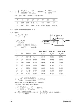 130 Chapter 10
10.8 υ1 =
3
2
1
85 gal/min 1ft /s
0.02333ft 449 gal/min
Q
=
A
× = 8.11 ft/s: 2
1
0.5054
2.93
0.1723
D
D
= =
hL = K 22
1 /2 (8.11 /2(32.2))g Kυ = = K(1.022 ft)
θ 2° 10° 15° 20° 30° 40° 60°
K 0.03 0.08 0.16 0.31 0.48 0.59 0.71
hL 0.031 0.082 0.164 0.317 0.491 0.603 0.726 ft
10.9 Graph shown after Problem 10.11.
10.10 and 10.11
2 1( )/ 2
sin
2
D D
L
θ −⎛ ⎞
=⎜ ⎟
⎝ ⎠
L = 2 1( )/ 2
sin( / 2)
D D
θ
−
L =
(0.5054 0.1723)/ 2 0.1666 ft
sin( / 2) sin( / 2)θ θ
−
=
θ θ/2 sin(θ/2) L(ft)
Prob. 10.10
fLh (ft)
Prob. 10.8
exp
(ft)Lh
Prob. 10.11
exp
(ft)Lh
2° 1° 0.01745 9.54 0.0414 0.031 0.0724
10° 5° 0.08716 1.910 0.0083 0.082 0.0903
15° 7.5° 0.1305 1.276 0.0055 0.164 0.1695
20° 10° 0.1736 0.959 0.0042 0.317 0.3212
30° 15° 0.2588 0.643 0.0028 0.491 0.4938
40° 20° 0.342 0.487 0.0021 0.603 0.6051
60° 30° 0.500 0.333 0.0014 0.726 0.7274
2 2
(0.0215)( )(2.099)
2 (0.3389)(2)(32.2)fL
L L
h f
D g
υ
= = = 0.00434(L)
D = 2 1( )/2 (0.5054 0.1723)/ 2D D+ + = 0.3389 ft
A = 2 2
/4 (0.3389) /4Dπ π= = 0.0902 ft2
υ =
3
2
85 gal/min 1 ft /s
0.0902 ft 449 gal/min
Q
=
A
× = 2.099 ft/s
NR = 4
5 4
(2.099)(0.3389) 0.3389
5.88 10 :
1.21 10 1.5 10
D Dυ
ν ε− −
= = × =
× ×
= 2259: f = 0.0215
 