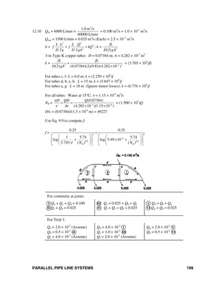 PARALLEL PIPE LINE SYSTEMS 199
12.10 Qin = 6000 L/min ×
3
1.0 m /s
60000 L/min
= 0.100 m3
/s = 1.0 × 10-1
m3
/s
Qout = 1500 L/min = 0.025 m3
/s (Each) = 2.5 × 10−2
m3
/s
h =
2 2
2
2
2 2
L L Q
f f kQ
D g D gA
υ
= = ; k = 2
(2)
fL
D gA
3-in Type K copper tubes: D = 0.07384 m; A = 4.282 × 10-3
m2
k = 2 3 2
(2) (0.07384)(2)(9.81)(4.282 10 )
fL fL
D gA −
=
×
= (3.765 × 104
)fL
For tubes c, f: L = 6.0 m; k = (2.259 × 105
)f
For tubes d, b, e, h: L = 15 m; k = (5.647 × 105
)f
For tubes a, g: L = 18 m (Ignore minor losses); k = (6.776 × 105
)f
For all tubes: Water at 15°C; ν = 1.15 × 10-6
m2
/s
NR = 3 6
(0.07384)
(4.282 10 )(1.15 10 )
D QD Q
A
υ
ν ν − −
= =
× ×
= (1.500 × 107
)Q
D/ε = (0.07384)/(1.5 × 10-6
m) = 49227
Use Eq. 9.9 to compute f:
f = 2 2
6
0.9 0.9
0.25 0.25
1 5.74 5.74
log log 5.49 10
3.7 / ( ) ( )R RD N Nε
−
=
⎡ ⎤ ⎡ ⎤⎛ ⎞ ⎛ ⎞
+ × +⎢ ⎥ ⎢ ⎥⎜ ⎟ ⎜ ⎟
⎝ ⎠ ⎝ ⎠⎣ ⎦ ⎣ ⎦
For continuity at joints:
I Qa + Qc + Qd = 0.100
II Qa + Qb = 0.025
III Qc = 0.025 + Qb + Qe
IV Qf + Qe = Qh + 0.025
V Qd = Qf + Qg
VI Qg + Qh = 0.025
For Trial 1:
Qa = 2.0 × 10-2
(Assume)
Qb = 0.5 × 10-2
II
Qc = 4.0 × 10-2
(Assume)
Qd = 4.0 × 10-2
I
Qe = 1.0 × 10-2
III
Qf = 2.0 × 10-2
(Assume)
Qg = 2.0 × 10-2
V
Qh = 0.5 × 10-2
VI
 