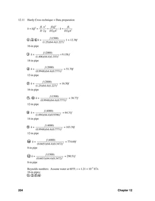 204 Chapter 12
12.11 Hardy Cross technique = Data preparation
h = kQ2
=
2 2
2 2
:
2 2 2
fL fLQ fL
k
D g D gA D gA
υ
= =
1 , 2, 6 k = 2
(1500)
(1.25)(64.4)(1.227)
f
1 = 12.38f
16-in pipe
3 k = 2
(2000)
9.158
(1.406)(64.4)(1.553)
f
f=
18-in pipe
4 k = 2
(2000)
(0.9948)(64.4)(0.7771)
f
= 51.70f
12-in pipe
5 k = 2
(2000)
(1.25)(64.4)(1.227)
f
= 16.50f
16-in pipe
7 , 11 k = 2
(1500)
(0.9948)(64.4)(0.7771)
f
= 38.77f
12-in pipe
8 k = 2
(4000)
(1.094)(64.4)(0.9396)
f
= 64.31f
14-in pipe
9 k = 2
(4000)
(0.9948)(64.4)(0.7771)
f
= 103.39f
12-in pipe
10 k = 2
(4000)
(0.6651)(64.4)(0.3472)
f
= 774.69f
8-in pipe
12 k = 2
(1500)
(0.6651)(64.4)(0.3472)
f
= 290.51f
8-in pipe
Reynolds numbers: Assume water at 60°F; v = 1.21 × 10−5
ft2
/s
16-in pipes:
1 , 2 , 5 , 6
 