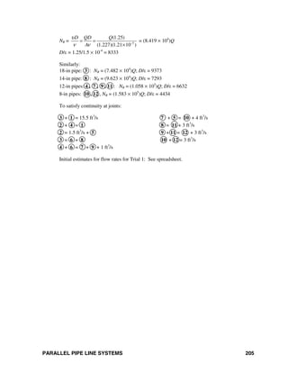 PARALLEL PIPE LINE SYSTEMS 205
NR = 5
(1.25)
(1.227)(1.21 10 )
D QD Q
A
υ
ν ν −
= =
×
= (8.419 × 104
)Q
D/ε = 1.25/1.5 × 10-4
= 8333
Similarly:
18-in pipe: 3 : NR = (7.482 × 104
)Q; D/ε = 9373
14-in pipe: 8 : NR = (9.623 × 104
)Q; D/ε = 7293
12-in pipes: 4 , 7 , 9 , 11 : NR = (1.058 × 105
)Q; D/ε = 6632
8-in pipes: 10 , 12 , NR = (1.583 × 105
)Q; D/ε = 4434
To satisfy continuity at joints:
3 + 1 = 15.5 ft3
/s 7 + 5 = 10 + 4 ft3
/s
2 + 4 = 1 8 = 11 + 3 ft3
/s
2 = 1.5 ft3
/s + 5 9 + 11 = 12 + 3 ft3
/s
3 = 6 + 8 10 + 12 = 3 ft3
/s
4 + 6 = 7 + 9 + 1 ft3
/s
Initial estimates for flow rates for Trial 1: See spreadsheet.
 
