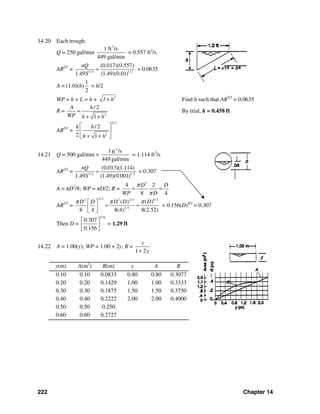 222 Chapter 14
14.20 Each trough:
Q = 250 gal/min
3
1 ft /s
449 gal/min
= 0.557 ft3
/s
AR2/3
= 1/ 2 1/ 2
(0.017)(0.557)
1.49 (1.49)(0.01)
nQ
S
= = 0.0635
A = (1.0)(h)
1
2
= h/2
WP = h + L = h + 2
1+ h Find h such that AR2/3
= 0.0635
R =
2
/ 2
1
A h
WP h h
=
+ +
By trial, h = 0.458 ft
AR2/3
=
2/3
2
/ 2
2 1
h h
h h
⎡ ⎤
⎢ ⎥
+ +⎣ ⎦
14.21 Q = 500 gal/min ×
3
1 /sft
449 gal/min
= 1.114 ft3
/s
AR2/3
= 1/ 2 1/ 2
(0.013)(1.114)
1.49 (1.49)(0.001)
nQ
S
= = 0.307
A = πD2
/8; WP = πD/2; R =
2
2
8 4
A D D
WP D
π
π
= =
AR2/3
=
2/32 2 2/3 8/3
2/3
( ) ( )
8 4 8(4) 8(2.52)
D D D D Dπ π π⎡ ⎤
= =⎢ ⎥
⎣ ⎦
= 0.156(D)8/3
= 0.307
Then D =
3/8
0.307
0.156
⎡ ⎤
⎢ ⎥
⎣ ⎦
= 1.29 ft
14.22 A = 1.00(y); WP = 1.00 + 2y; R =
1 2
y
y+
y(m) A(m2
) R(m) y A R
0.10 0.10 0.0833 0.80 0.80 0.3077
0.20 0.20 0.1429 1.00 1.00 0.3333
0.30 0.30 0.1875 1.50 1.50 0.3750
0.40 0.40 0.2222 2.00 2.00 0.4000
0.50 0.50 0.250
0.60 0.60 0.2727
 