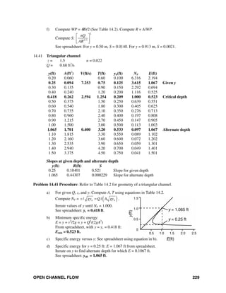 OPEN CHANNEL FLOW 229
f) Compute WP = θD/2 (See Table 14.2). Compute R = A/WP.
Compute S:
2
2/3
nQ
AR
⎡ ⎤
⎢ ⎥
⎣ ⎦
See spreadsheet: For y = 0.50 m, S = 0.0140. For y = 0.913 m, S = 0.0021.
14.41 Triangular channel
z = 1.5 n = 0.022
Q = 0.68 ft3
/s
y(ft) A(ft2
) V(ft/s) T(ft) yh(ft) NF E(ft)
0.20 0.060 0.60 0.100 6.316 2.194
0.25 0.094 7.253 0.75 0.125 3.615 1.067 Given y
0.30 0.135 0.90 0.150 2.292 0.694
0.40 0.240 1.20 0.200 1.116 0.525
0.418 0.262 2.594 1.254 0.209 1.000 0.523 Critical depth
0.50 0.375 1.50 0.250 0.639 0.551
0.60 0.540 1.80 0.300 0.405 0.625
0.70 0.735 2.10 0.350 0.276 0.713
0.80 0.960 2.40 0.400 0.197 0.808
0.90 1.215 2.70 0.450 0.147 0.905
1.00 1.500 3.00 0.500 0.113 1.003
1.065 1.701 0.400 3.20 0.533 0.097 1.067 Alternate depth
1.10 1.815 3.30 0.550 0.089 1.102
1.20 2.160 3.60 0.600 0.072 1.202
1.30 2.535 3.90 0.650 0.059 1.301
1.40 2.940 4.20 0.700 0.049 1.401
1.50 3.375 4.50 0.750 0.041 1.501
Slopes at given depth and alternate depth
y(ft) R(ft) S
0.25 0.10401 0.521 Slope for given depth
1.065 0.44307 0.000229 Slope for alternate depth
Problem 14.41 Procedure: Refer to Table 14.2 for geometry of a triangular channel.
a) For given Q, z, and y: Compute A, T using equations in Table 14.2.
Compute NF = ( )/ /h hv gy Q A gy= .
Iterate values of y until NF = 1.000.
See spreadsheet: yc = 0.418 ft.
b) Minimum specific energy:
E = y + v2
/2g = y + Q2
/(2gA2
)
From spreadsheet, with y = yc = 0.418 ft:
Emin = 0.523 ft.
c) Specific energy versus y: See spreadsheet using equation in b).
d) Specific energy for y = 0.25 ft: E = 1.067 ft from spreadsheet.
Iterate on y to find alternate depth for which E = 0.1067 ft.
See spreadsheet: yalt = 1.065 ft.
 
