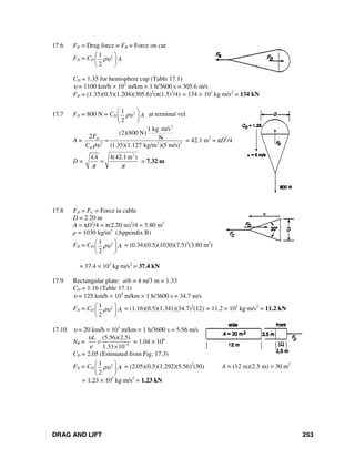 DRAG AND LIFT 253
17.6 FD = Drag force = FR = Force on car
FD = CD
21
2
Aρυ
⎛ ⎞
⎜ ⎟
⎝ ⎠
CD = 1.35 for hemisphere cup (Table 17.1)
υ = 1100 km/h × 103
m/km × 1 h/3600 s = 305.6 m/s
FD = (1.35)(0.5)(1.204)(305.6)2
(π(1.5)2
/4) = 134 × 103
kg⋅m/s2
= 134 kN
17.7 FD = 800 N = CD
21
2
Aρυ
⎛ ⎞
⎜ ⎟
⎝ ⎠
at terminal vel.
A =
2
2 3 2
1 kg m/s
(2)(800 N)
2 N
(1.35)(1.127 kg/m )(5 m/s)
D
D
F
C ρυ
⋅
= = 42.1 m2
= πD2
/4
D =
2
4 4(42.1m )A
π π
= = 7.32 m
17.8 FD = FC = Force in cable
D = 2.20 m
A = πD2
/4 = π(2.20 m)2
/4 = 3.80 m2
ρ = 1030 kg/m3
(Appendix B)
FD = CD
21
2
Aρυ
⎛ ⎞
⎜ ⎟
⎝ ⎠
= (0.34)(0.5)(1030)(7.5)2
(3.80 m2
)
= 37.4 × 103
kg⋅m/s2
= 37.4 kN
17.9 Rectangular plate: a/b = 4 m/3 m = 1.33
CD = 1.16 (Table 17.1)
υ = 125 km/h × 103
m/km × 1 h/3600 s = 34.7 m/s
FD = CD
21
2
Aρυ
⎛ ⎞
⎜ ⎟
⎝ ⎠
= (1.16)(0.5)(1.341)(34.7)2
(12) = 11.2 × 103
kg⋅m/s2
= 11.2 kN
17.10 υ = 20 km/h × 103
m/km × 1 h/3600 s = 5.56 m/s
NR = 5
(5.56)(2.5)
1.33 10
Lυ
ν −
=
×
= 1.04 × 106
CD = 2.05 (Estimated from Fig. 17.3)
FD = CD
21
2
Aρυ
⎛ ⎞
⎜ ⎟
⎝ ⎠
= (2.05)(0.5)(1.292)(5.56)2
(30) A = (12 m)(2.5 m) = 30 m2
= 1.23 × 103
kg⋅m/s2
= 1.23 kN
 