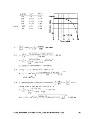 FANS, BLOWERS, COMPRESSORS, AND THE FLOW OF GASES 267
p2(psig) p2/p1 W(lb/s)
25.0 1.0 0.0
20.0 0.8727 0.149
15.0 0.7454 0.190
10.0 0.6181 0.205
critical 8.27 0.574 0.206
5.0 0.491 0.206
18.37 2 2
1
1
98.5 kPa
0.528;
0.528 0.528c
p p
p =
p
⎛ ⎞
= =⎜ ⎟
⎝ ⎠
= 186.6 kPa
18.38 c =
2 3 2
2
3
2
kg (1.40)(9.81m/s )(186.6 10 N/m )
=
11.00 N/m
p
γ
×
= 483 m/s
γ1 =
3 2
1
1
186.6 10 N/ m
29.2 N m
(95 + 273)K
N K
p
=
RT
×
⋅
×
⋅
= 17.36 N/m3
γ2 = γ1(p2/p1)1/k
= (17.36)(0.528)1/1.4
= 11.00 N/m3
18.39 Use Eq. 18.15: A2 = π(0.010 m)2
/4 = 7.85 × 10−5
m2
Wmax = (7.85 × 10−5
m2
)
2/ 0.43
2(9.81)(1.40)(186.6 10 )(17.36) 2
2.40 2.40
× ⎛ ⎞
⎜ ⎟
⎝ ⎠
= 9.58 × 10−3
N/s
18.40 p1 = 150 kPa(gage) + 100 kPa(atm) = 250 kPa(abs): 2 2
1 1
100
0.40:
250 c
p p
p p
⎛ ⎞
= = ⎜ ⎟
⎝ ⎠
= 0.578
Use Eq. 18.15: A2 = π(0.008 m)2
/4 = 5.027 × 10−5
m2
γ1 =
3 2
1
1
250 10 N/m
6.91N m
(20 C + 273)K
N K
p
=
RT
×
⋅
× °
⋅
= 123.5 N/m3
Wmax = (5.027 × 10−5
N/m3
)
2/0.13
32(9.81)(1.13) 2
(250 10 )(123.5)
2.13 2.13
⎛ ⎞
× ⎜ ⎟
⎝ ⎠
= 0.555 N/s
 