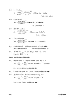 270 Chapter 19
19.8 3 × 10 in duct:
[ ]
0.6250.625
0.2500.250
1.3 (3)(10)1.3( )
( ) (3 10)
e
ab
D
a b
= =
+ +
= 5.74 in: Qmax = 95 cfm
For hL = 0.10 in H2O
19.9 42 × 60 in duct:
De =
[ ]
0.625
0.250
1.30 (42)(60)
(42 60)+
= 54.7 in: Qmax = 37000 cfm
for hL = 0.10 in H2O
19.10 250 × 500 mm duct:
De =
[ ]
0.625
0.250
1.30 (250)(500)
(250 500)+
= 381 mm: Qmax = 0.60 m3
/s
for hL = 0.80 Pa/m
19.11 75 × 250 mm duct:
De =
[ ]
0.625
0.25
1.30 (75)(250)
(75 500)+
= 125 mm: Qmax = 0.0295 m3
/s
19.12 Q = 1500 cfm; maxLh = 0.10 in H2O per 100 ft → De = 16.2 in
Duct: 10 × 24, 12 × 20 Possible sizes from Table 19.2
19.13 Q = 300 cfm; maxLh = 0.10 in H2O per 100 ft → De = 8.8 in
Duct: 6 × 12 (De = 9.1 in)
Energy losses in ducts with fittings
19.14 Q = 650 cfm; D = 12 in round; υ = 830 ft/min (Fig. 19.2)
Hυ =
2 2
830
4005 4005
υ⎛ ⎞ ⎛ ⎞
=⎜ ⎟ ⎜ ⎟
⎝ ⎠ ⎝ ⎠
= 0.0429 in H2O; C = 0.42 3-pc elbow
HL = CHυ = 0.42(0.0429) = 0.0180 in H2O
19.15 C = 0.33 5-pc elbow; HL = CHυ = 0.33(0.0429) = 0.0142 in H2O
19.16 Q = 1500 cfm; D = 16 in; υ = 1080 ft/min (Fig. 19.2)
Hυ =
2 2
1080
4005 4005
υ⎛ ⎞ ⎛ ⎞
=⎜ ⎟ ⎜ ⎟
⎝ ⎠ ⎝ ⎠
= 0.0727 in H2O; C = 0.20
HL = CHυ = 0.20(0.0727) = 0.0145 in H2O
 