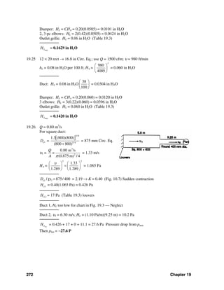 272 Chapter 19
Damper: HL = CHυ = 0.20(0.0505) = 0.0101 in H2O
2, 3-pc elbows: HL = 2(0.42)(0.0505) = 0.0424 in H2O
Outlet grille: HL = 0.06 in H2O (Table 19.3)
────────
totalLH = 0.1629 in H2O
19.25 12 × 20 rect → 16.8 in Circ. Eq.; use Q = 1500 cfm; υ = 980 ft/min
hL = 0.08 in H2O per 100 ft; Hυ =
980
4005
2
⎛ ⎞
⎜ ⎟
⎝ ⎠
= 0.060 in H2O
────────
Duct: HL = 0.08 in H2O
38
100
⎛ ⎞
⎜ ⎟
⎝ ⎠
= 0.0304 in H2O
Damper: HL = CHυ = 0.20(0.060) = 0.0120 in H2O
3 elbows: HL = 3(0.22)(0.060) = 0.0396 in H2O
Outlet grille: HL = 0.060 in H2O (Table 19.3)
────────
totalLH = 0.1420 in H2O
19.26 Q = 0.80 m3
/s
For square duct:
1eD =
[ ]
5/8
1/ 4
1.3 (800)(800)
(800 800)+
= 875 mm Circ. Eq.
υ1 =
3
2
0.80 m /s
(0.875 m) / 4
Q
=
A π
= 1.33 m/s
Hυ =
2 2
1.33
1.289 1.289
υ⎛ ⎞ ⎛ ⎞
=⎜ ⎟ ⎜ ⎟
⎝ ⎠ ⎝ ⎠
= 1.065 Pa
────────
21 / 875/ 400eD D = = 2.19 → K = 0.40 (Fig. 10.7) Sudden contraction
1LH = 0.40(1.065 Pa) = 0.426 Pa
────────
2LH = 17 Pa (Table 19.3) louvers
────────
Duct 1, HL too low for chart in Fig. 19.3 — Neglect
────────
Duct 2, υ2 = 6.30 m/s; HL = (1.10 Pa/m)(9.25 m) = 10.2 Pa
────────
totLH = 0.426 + 17 + 0 + 11.1 = 27.6 Pa Pressure drop from patm
Then pfan = −27.6 P
 
