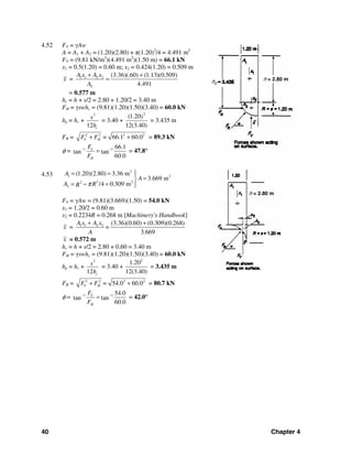 40 Chapter 4
4.52 FV = γAw
A = A1 + A2 = (1.20)(2.80) + π(1.20)2
/4 = 4.491 m2
FV = (9.81 kN/m3
)(4.491 m2
)(1.50 m) = 66.1 kN
x1 = 0.5(1.20) = 0.60 m; x2 = 0.424(1.20) = 0.509 m
x = 1 1 2 2 (3.36)(.60) (1.13)(0.509)
4.491T
A x A x
A
+ +
=
= 0.577 m
hc = h + s/2 = 2.80 + 1.20/2 = 3.40 m
FH = γswhc = (9.81)(1.20)(1.50)(3.40) = 60.0 kN
hp = hc +
2
12 c
s
h
= 3.40 +
2
(1.20)
12(3.40)
= 3.435 m
FR = 2 2 2 2
66.1 60.0V HF F =+ + = 89.3 kN
φ = 1 1 66.1
tan tan
60.0
V
H
F
F
− −
= = 47.8°
4.53
2
1 2
2 22
2
(1.20)(2.80) 3.36 m
3.669 m
/4 0.309 m
A
A
A RR π
⎫= = ⎪
=⎬
= − = ⎪⎭
FV = γAw = (9.81)(3.669)(1.50) = 54.0 kN
x1 = 1.20/2 = 0.60 m
x2 = 0.2234R = 0.268 m [Machinery's Handbook]
x = 1 1 2 2 (3.36)(0.60) (0.309)(0.268)
3.669
A x A x
=
A
+ +
x = 0.572 m
hc = h + s/2 = 2.80 + 0.60 = 3.40 m
FH = γswhc = (9.81)(1.20)(1.50)(3.40) = 60.0 kN
hp = hc +
2
12 c
s
h
= 3.40 +
2
1.20
12(3.40)
= 3.435 m
FR = 2 2 2 2
54.0 60.0V HF F =+ + = 80.7 kN
φ = 1 1 54.0
tan tan
60.0
V
H
F
F
− −
= = 42.0°
hp
h = 2.80 m
h = 2.80 m
 