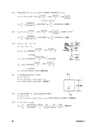 46 Chapter 5
5.14 From Prob. 5.13: wH + wS = 0.02 + 0.02485 = 0.04485 lb = w = Fb
w = Fb = γFVd = γf(V1 + V2) = γf
2 2 33
3
(1.0 (0.25) ) ftin
1.50 2.30
4 4 1728 in
π π⎡ ⎤
⋅ + ⋅⎢ ⎥
⎣ ⎦
= γf(7.47 × 10−4
ft3
)
γf =
d
w
V
= 4 3
0.04485 lb
7.47 10 ft−
×
= 60.03 lb/ft3
; sg =
f
w
γ
γ
= 60.03/62.40 = 0.962
5.15 Vd = V1 + V2 =
2 2 33
3
(1.0 (0.25) ) ftin
1.50 0.30
4 4 1728 in
π π⎡ ⎤
⋅ + ⋅⎢ ⎥
⎣ ⎦
= 6.903 × 10−4
ft3
γf =
d
w
V
= 4 3
0.04485 lb
6.903 10 ft−
×
= 64.97 lb/ft3
; sg =
f
w
γ
γ
= 64.97/62.4 = 1.041
5.16 wB + wC − BbF − CbF = 0
wC = BbF + CbF − wB
wB = γB ⋅ VB = 8.00 lb/ft3
2 3
3(1.00 (1.00) )
3.0 ft
4 6
π π⎡ ⎤
⋅ +⎢ ⎥
⎣ ⎦
= 23.04 lb
CbF = γfVC = 64.0 lb/ft3
2
3(2.0 (3.0))
ft
12
π⎡ ⎤
⎢ ⎥
⎣ ⎦
= 201.06 lb
BbF = γfVd = 64.0 lb/ft3
2 3
3(1.0 (1.0) )
2.00 ft
4 12
π π⎡ ⎤
⋅ +⎢ ⎥
⎣ ⎦
= 117.29 lb
wC = 117.29 + 201.06 − 23.04 = 295.31 lb
5.17 S = 18.00 in(1 ft/12 in) = 1.50 ft
w − Fb − Fe = 0
Fe = w − Fb = γSVC − γwVC = VC(γS − γw)
Fe = (1.50)3
ft3
(491 − 62.4) lb/ft3
= 1447 lb ↑
5.18 γm = 844.9 lb/ft3
> γw - cube would tend to float.
w − Fb + Fe = 0
Fe = Fb − w = γmVC − γSVC = VC(γm − γS) = (1.50)3
ft3
(844.9 − 491)lb/ft3
= 1194 lb↓
5.19 w − Fb = 0 = w − γSWVd
Vd =
SW
w
γ
=
6
3 2 32 3
292 10 gm 9.81m kg 1N 1kN
10.10 kN/ m gm kg m/s 10 Ns 10
×
× × × × = 283.6 m3
 
