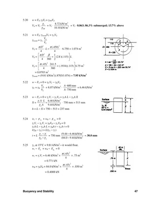 Buoyancy and Stability 47
5.20 w = Fb; γIVI = γSWVd
Vd = VI
I
SW
γ
γ
= VI ⋅
3
3
8.72 kN/ m
10.10 kN/ m
= VI ⋅ 0.863; 86.3% submerged; 13.7% above
5.21 w = Fb; γwoodVT = γwVd
γwood = γw
d
T
V
V
VT =
22
(.450)
4 4
D
L
π π
⋅ = ⋅ 6.750 = 1.074 m3
Vd =
2
1
(2 )(.115)
4 360 2
D
X L
π β⎡ ⎤
⋅ +⎢ ⎥
⎣ ⎦
Vd =
2
(.45 241.5)
(.1934)(.115)
4 360
π⎡ ⎤
⋅ +⎢ ⎥
⎣ ⎦
6.75 m3
= 0.8703 m3
γwood = (9.81 kN/m3
)(.8703/1.074) = 7.95 kN/m3
5.22 w − Fb = 0 = γCVC − γKVd
γC = γK
d
C
V
V
= 8.07 kN/m3
⋅
600 mm
750 mm
A
A
⋅
⋅
= 6.46 kN/m3
5.23 w − Fb = 0 = γcVc − γwVd = γcA⋅L − γwA⋅X
X =
3
3
6.46 kN/m
9.44 kN/m
c
w
A L
A
γ
γ
⋅
= ⋅ 750 mm = 513 mm
h = L − X = 750 − 513 = 237 mm
5.24 wc − cbF + wB − BbF = 0
γcVc − γwVc + γBVB − γwVB = 0
γcA⋅L − γwA⋅L + γBA⋅t − γwA⋅t = 0
t(γB − γw) = L(γw − γc)
t = L w c
B w
γ γ
γ γ
−
−
= 750 mm
3
3
(9.44 6.46)kN/m
(84.0 9.44)kN/m
−
−
= 30.0 mm
5.25 γw at 15°C = 9.81 kN/m3
—it would float.
wc − cbF + wB − BbF = 0
wc = γcVc = 6.46 kN/m3
×
2
(.45)
4
π
× .75 m3
= 0.771 kN
wB = γBVB = 84.0 kN/m3
×
2
(.45)
4
π
× .030 m3
= 0.4008 kN
 