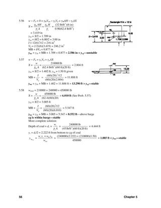56 Chapter 5
5.56 w − Fb = 0 = γWVtot − γoVd = γWAH − γoAX
X = W W
o o
AH H
=
A
γ γ
γ γ
=
3
3
(32 lb/ft )(6 in)
0.90(62.4 lb/ft )
= 3.419 in
ycb = X/2 = 1.709 in
ycg = H/2 = 6.00/2 = 3.00 in
I = 12(6)3
/12 = 216 in4
Vd = (12)(6)(3.419) = 246.2 in3
MB = I/Vd = 0.877 in
ymc = ycb + MB = 1.709 + 0.877 = 2.586 in < ycg—unstable
5.57 w − Fb = γwVd = γwAX
X = 3
210000 lb
(62.4 lb/ft )(60 ft)(20 ft)W
w
=
Aγ
= 2.804 ft
ycb = X/2 = 1.402 ft; ycg = 1.50 ft given
MB =
3
(60)(20 /12)
(60)(20)(2.804)d
I
V
= = 11.888 ft
ymc = ycb + MB = 1.402 + 11.888 ft = 13.290 ft > ycg—stable
5.58 wtotal = 210000 + 240000 = 450000 lb
X =
450000 lb
(62.4)(60)(20)w
w
=
Aγ
= 6.010 ft (See Prob. 5.57)
ycb = X/2 = 3.005 ft
MB =
3
(60)(20 /12)
=
(60)(20)(6.010)d
I
V
= 5.547 ft
ymc = ycb + MB = 3.005 + 5.547 = 8.552 ft—above barge
cg is within barge—stable
More complete solution:
Depth of coal = dc = c
c
w
Aγ
= 3
240000 lb
(45 lb/ft )(60 ft)(20 ft)
= 4.444 ft
yc = dc/2 = 2.222 ft from bottom to cg of coal
totcgy =
tot
c c B Bw y + w y
w
=
(240000)(2.222) (210000)(1.50)
450000
+
= 1.885 ft < ymc—stable
 