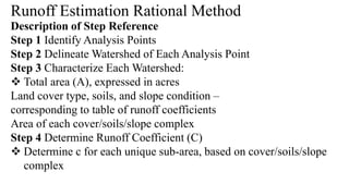 Runoff Estimation Rational Method
Description of Step Reference
Step 1 Identify Analysis Points
Step 2 Delineate Watershed of Each Analysis Point
Step 3 Characterize Each Watershed:
 Total area (A), expressed in acres
Land cover type, soils, and slope condition –
corresponding to table of runoff coefficients
Area of each cover/soils/slope complex
Step 4 Determine Runoff Coefficient (C)
 Determine c for each unique sub-area, based on cover/soils/slope
complex
 