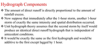 Hydrograph Components
 The amount of direct runoff is directly proportional to the amount of
rainfall excess.
 Now suppose that immediately after the 1-hour storm, another 1-hour
storm of exactly the same intensity and spatial distribution occurred.
 Unit hydrograph theory assumes that the second storm by itself would
produce an identical direct runoff hydrograph that is independent of
antecedent conditions.
 It would be exactly the same as the first hydrograph and would be
additive to the first except lagged by 1 hour.
 