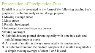Presentation of Precipitation Data
Rainfall is usually presented in the form of the following graphs. Such
graphs are useful for analysis and design purpose.
1.Moving average curve
2.Mass curve
3.Rainfall hyetograph
4.Intensity-Duration-Frequency curves
Moving Average:
 Rainfall data are plotted chronologically with time in x-axis and
rainfall magnitude in y-axis.
 An event of rainfall is always associated with randomness.
 In order to overcome the random component in rainfall magnitudes,
a simple moving average of order 3 or 5 is used.
 