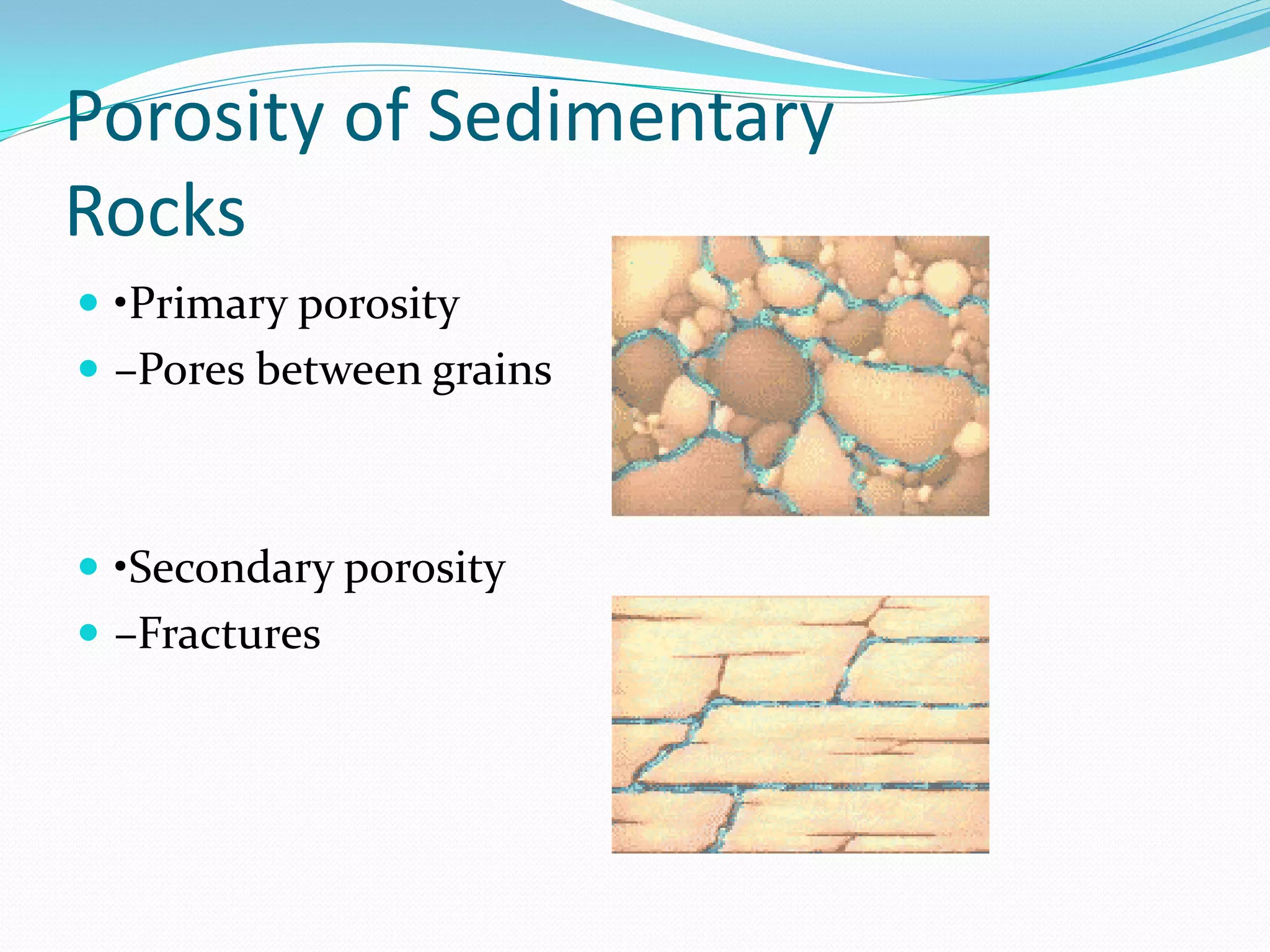 Porosity of Sedimentary
Rocks
 •Primary porosity
 –Pores between grains

 •Secondary porosity
 –Fractures

 