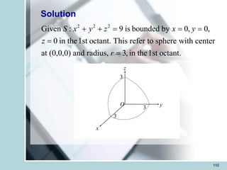 110
Solution
2 2 2
Given : 9 is bounded by 0, 0,
0 in the1st octant. This refer to sphere with center
at (0,0,0) and radius, 3, in the1st octant.
S x y z x y
z
r
+ + = = =
=
=
x
z
y
3
3
3
O
 
