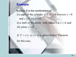 139
Example
Surface S is the combination of
2 2
~ ~ ~
~
i) part of the cylinder 9 0
and 4 0.
ii) half of the circle with radius 3 at 4, and
iii) 0
, prove Stokes' Theorem
for this case.
a x y between z
z for y
a z
plane y
If F z i xy j xz k
+ = =
= 
=
=
= + +
 