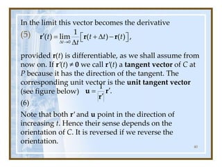 In the limit this vector becomes the derivative
(5)
provided r(t) is differentiable, as we shall assume from
now on. If r′(t) ≠ 0 we call r′(t) a tangent vector of C at
P because it has the direction of the tangent. The
corresponding unit vector is the unit tangent vector
(see figure below)
(6)
Note that both r′ and u point in the direction of
increasing t. Hence their sense depends on the
orientation of C. It is reversed if we reverse the
orientation.
40
0
1
( ) lim ( ) ( ) ,
t
t t t t
t
 
 = +  -
 
 

r r r
1
.

=

u r
r
 