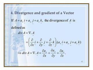 62
4. Divergence and gradient of a Vector
.
.
)
.(
.
as
defined
is
of
divergence
the
,
If
~
~
~
~
~
~
~
~
~
~
~
~
~
~
~
z
a
y
a
x
a
A
A
div
k
a
j
a
i
a
k
z
j
y
i
x
A
A
div
A
k
a
j
a
i
a
A
z
y
x
z
y
x
z
y
x


+


+


=

=

+
+










+


+


=

=
+
+
=
 