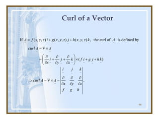 66
Curl of a Vector
~ ~
~ ~
~
~ ~
~ ~ ~ ~
~ ~
~ ~
~
~ ~
If ( , , ) ( , , ) ( , , ) , the curl of is defined by
( )
.
A f x y z i g x y z j h x y z k A
curl A A
i j k f i g j hk
x y z
i j k
curl A A
x y z
f g h
= + +
= 
 
  
= + +  + +
 
  
 
  
 =  =
  
 