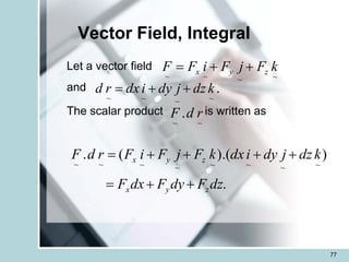 77
Vector Field, Integral
Let a vector field
and
The scalar product is written as
.
)
).(
(
.
~
~
~
~
~
~
~
~
dz
F
dy
F
dx
F
k
dz
j
dy
i
dx
k
F
j
F
i
F
r
d
F
z
y
x
z
y
x
+
+
=
+
+
+
+
=
~
~
~
~
k
F
j
F
i
F
F z
y
x +
+
=
.
~
~
~
~
k
dz
j
dy
i
dx
r
d +
+
=
~
~
. r
d
F
 