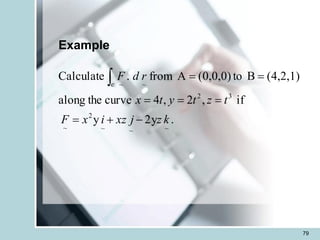 79
Example
.
y
2
y
if
,
2
,
4
curve
the
along
(4,2,1)
B
to
(0,0,0)
A
from
.
Calculate
~
~
~
2
~
3
2
~
~
k
z
j
xz
i
x
F
t
z
t
y
t
x
r
d
F
c
-
+
=
=
=
=
=
=

 