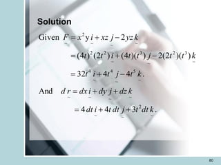 80
Solution
.
3
4
4
And
.
4
4
32
)
(
)
2
(
2
)
(
)
4
(
)
2
(
)
4
(
2
y
Given
~
2
~
~
~
~
~
~
~
5
~
4
~
4
~
3
2
~
3
~
2
2
~
~
~
2
~
k
dt
t
j
dt
t
i
dt
k
dz
j
dy
i
dx
r
d
k
t
j
t
i
t
k
t
t
j
t
t
i
t
t
k
yz
j
xz
i
x
F
+
+
=
+
+
=
-
+
=
-
+
=
-
+
=
 