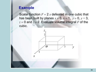 89
Example
Scalar function F = 2 x defeated in one cubic that
has been built by planes x = 0, x = 1, y = 0, y = 3,
z = 0 and z = 2. Evaluate volume integral F of the
cubic.
z
x
y
3
O
2
1
 
