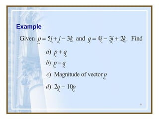 9
Example
Given 5 3 and 4 3 2 . Find
p i j k q i j k
= + - = - +
a p q
) +
)
b p q
-
) 2 10
d q p
-
c p
) Magnitude of vector
 