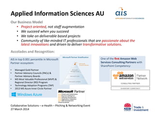 One of the first Amazon Web
Services Consulting Partners with
SharePoint Competency:
Applied Information Sciences AU
Collaborative Solutions – e-Health – Pitching & Networking Event
27 March 2014
Our Business Model
• Project oriented, not staff augmentation
• We succeed when you succeed
• We take on deliverable based projects
• Community of like-minded IT professionals that are passionate about the
latest innovations and driven to deliver transformative solutions.
Accolades and Recognition:
AIS in top 0.001 percentile in Microsoft
Partner ecosystem:
• Managed Gold Partner
• Partner Advisory Councils (PACs) &
Partner Advisory Boards
• MS Most Valuable Professional (MVP) &
Regional Director (RD) Program
• Technology Adoption Programs (TAP)
• 2013 MS Azure Inner Circle Partner
 