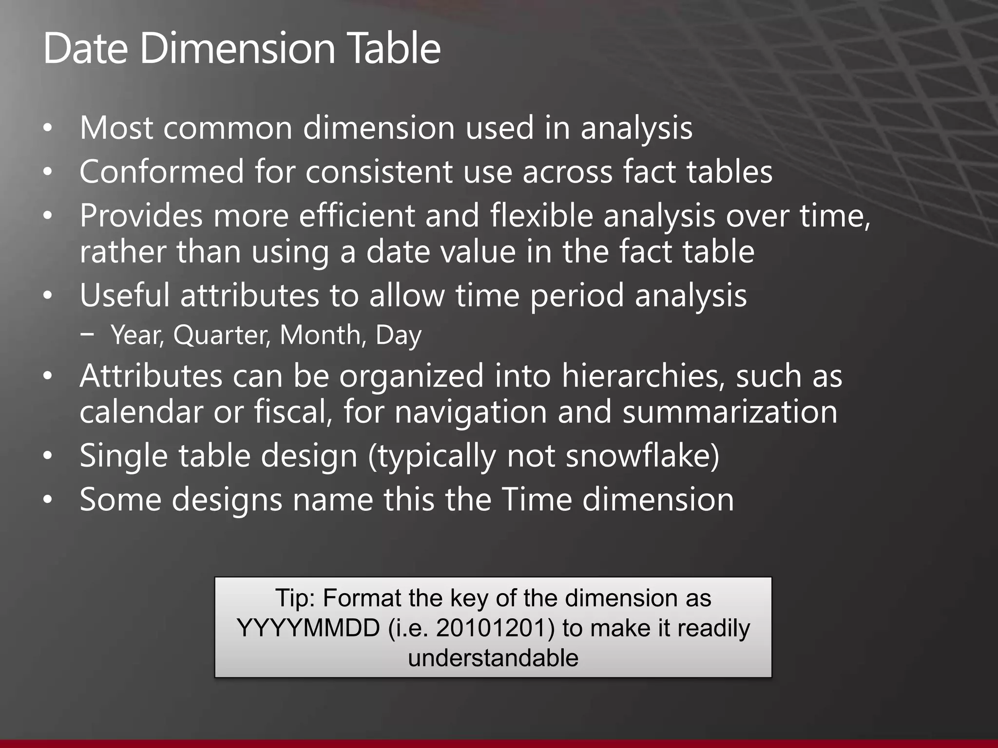 •
•
•

•
    −
•

•
•

          Tip: Format the key of the dimension as
        YYYYMMDD (i.e. 20101201) to make it readily
                      understandable
 