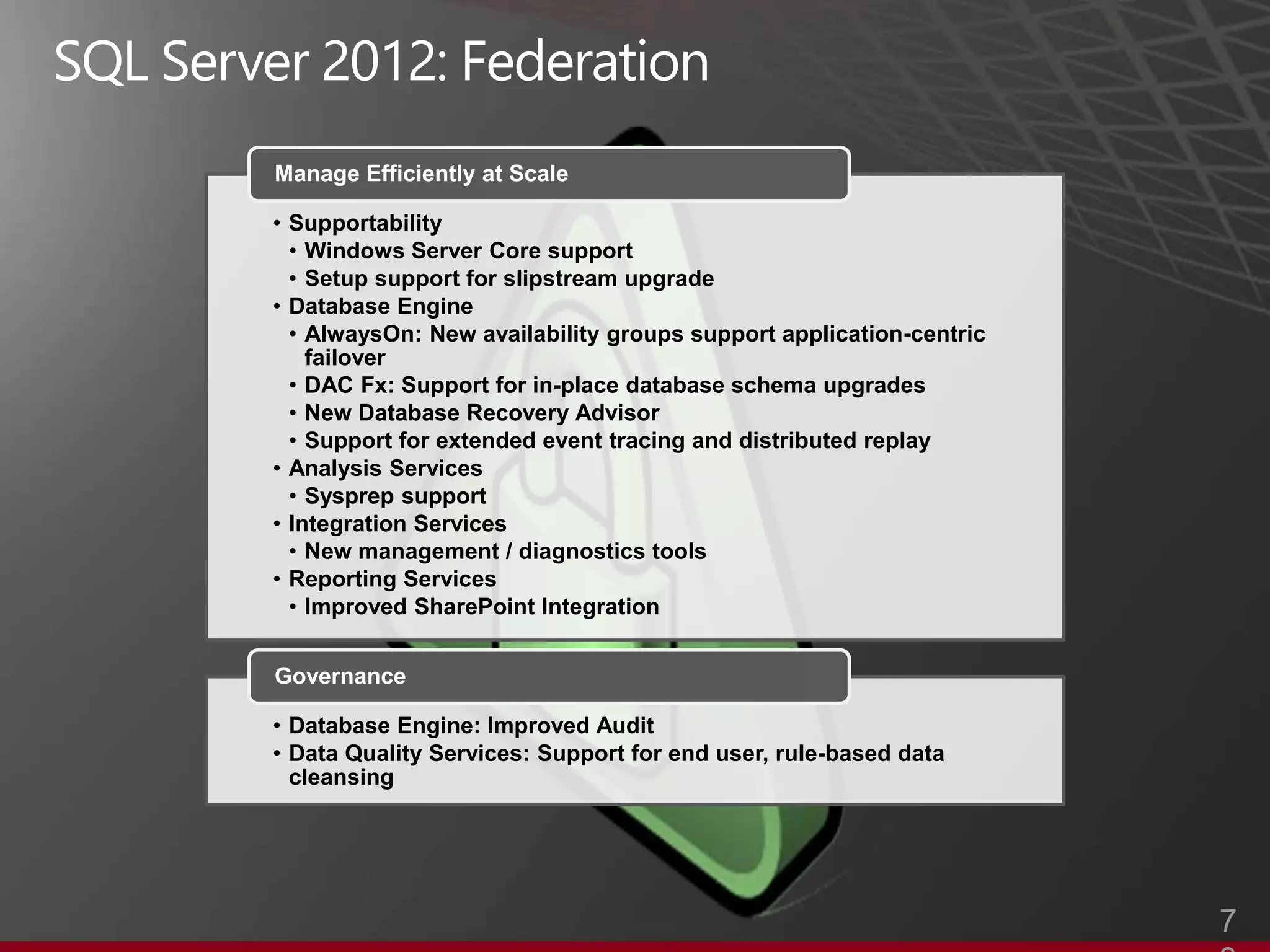 Manage Efficiently at Scale

• Supportability
  • Windows Server Core support
  • Setup support for slipstream upgrade
• Database Engine
  • AlwaysOn: New availability groups support application-centric
    failover
  • DAC Fx: Support for in-place database schema upgrades
  • New Database Recovery Advisor
  • Support for extended event tracing and distributed replay
• Analysis Services
  • Sysprep support
• Integration Services
  • New management / diagnostics tools
• Reporting Services
  • Improved SharePoint Integration


Governance

• Database Engine: Improved Audit
• Data Quality Services: Support for end user, rule-based data
  cleansing




                                                                    7
 