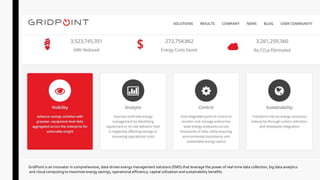 GridPoint is an innovator in comprehensive, data-driven energy management solutions (EMS) that leverage the power of real-time data collection, big data analytics
and cloud computing to maximize energy savings, operational efficiency, capital utilization and sustainability benefits.
 