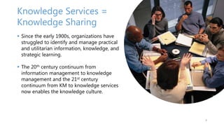 Knowledge Services =
Knowledge Sharing
 Since the early 1900s, organizations have
struggled to identify and manage practi...