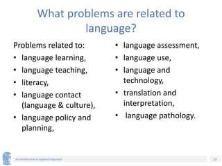 15
An Introduction to Applied Linguistics
What problems are related to
language?
Problems related to:
• language learning,
• language teaching,
• literacy,
• language contact
(language & culture),
• language policy and
planning,
• language assessment,
• language use,
• language and
technology,
• translation and
interpretation,
• language pathology.
 