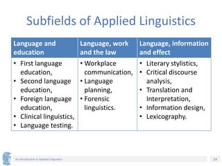 24
An Introduction to Applied Linguistics
Subfields of Applied Linguistics
Language and
education
Language, work
and the law
Language, information
and effect
• First language
education,
• Second language
education,
• Foreign language
education,
• Clinical linguistics,
• Language testing.
• Workplace
communication,
• Language
planning,
• Forensic
linguistics.
• Literary stylistics,
• Critical discourse
analysis,
• Translation and
Interpretation,
• Information design,
• Lexicography.
 