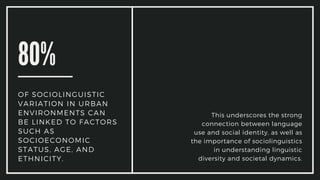 This underscores the strong
connection between language
use and social identity, as well as
the importance of sociolinguistics
in understanding linguistic
diversity and societal dynamics.
80%
OF SOCIOLINGUISTIC
VARIATION IN URBAN
ENVIRONMENTS CAN
BE LINKED TO FACTORS
SUCH AS
SOCIOECONOMIC
STATUS, AGE, AND
ETHNICITY.
 