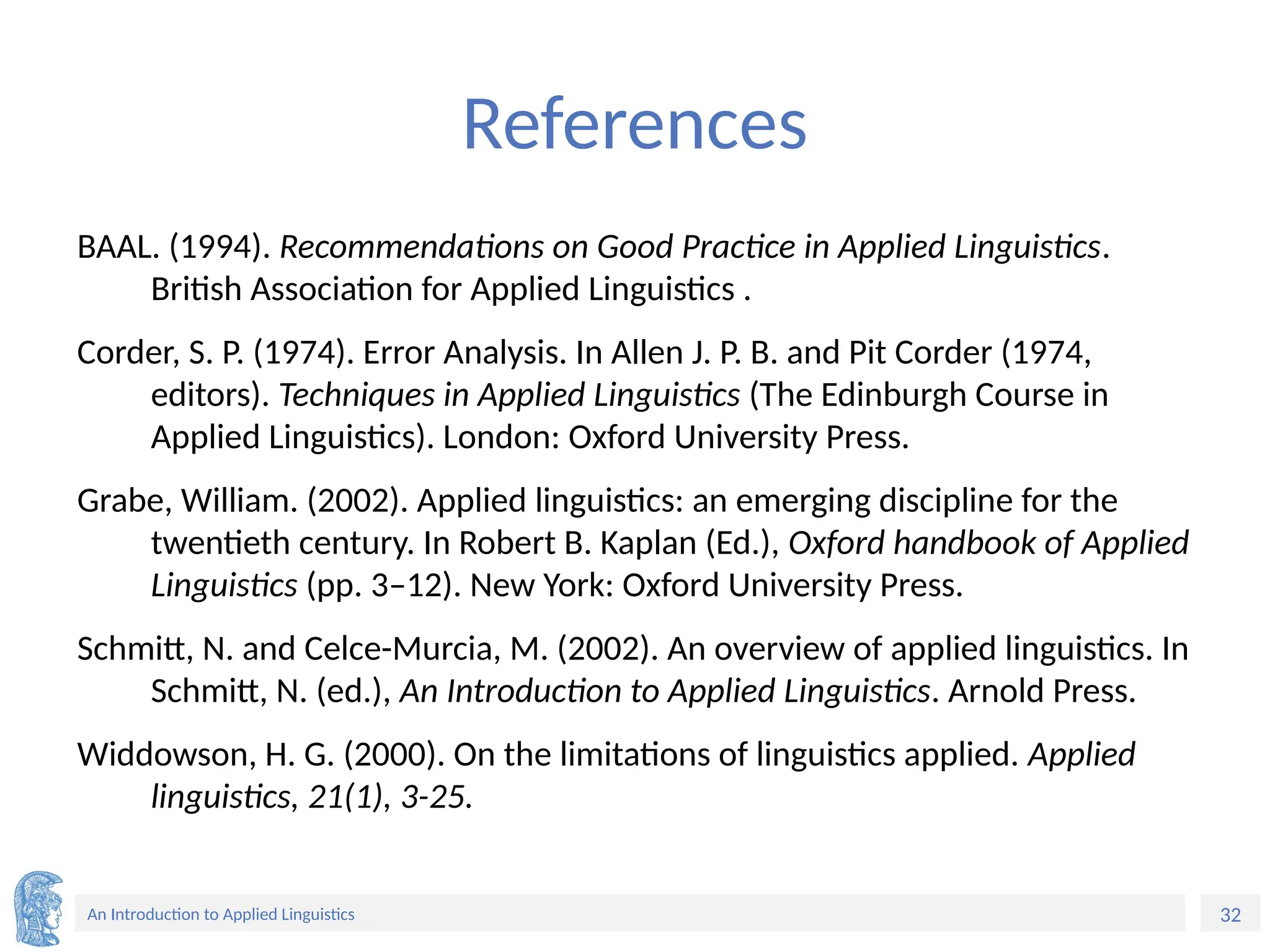 32
An Introduction to Applied Linguistics
References
BAAL. (1994). Recommendations on Good Practice in Applied Linguistics.
British Association for Applied Linguistics .
Corder, S. P. (1974). Error Analysis. In Allen J. P. B. and Pit Corder (1974,
editors). Techniques in Applied Linguistics (The Edinburgh Course in
Applied Linguistics). London: Oxford University Press.
Grabe, William. (2002). Applied linguistics: an emerging discipline for the
twentieth century. In Robert B. Kaplan (Ed.), Oxford handbook of Applied
Linguistics (pp. 3–12). New York: Oxford University Press.
Schmitt, N. and Celce-Murcia, M. (2002). An overview of applied linguistics. In
Schmitt, N. (ed.), An Introduction to Applied Linguistics. Arnold Press.
Widdowson, H. G. (2000). On the limitations of linguistics applied. Applied
linguistics, 21(1), 3-25.
 