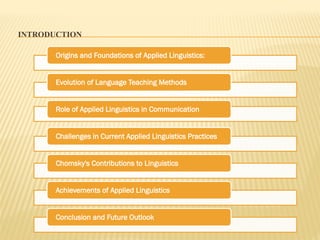 INTRODUCTION
Origins and Foundations of Applied Linguistics:
Evolution of Language Teaching Methods
Role of Applied Linguistics in Communication
Challenges in Current Applied Linguistics Practices
Chomsky's Contributions to Linguistics
Achievements of Applied Linguistics
Conclusion and Future Outlook
 